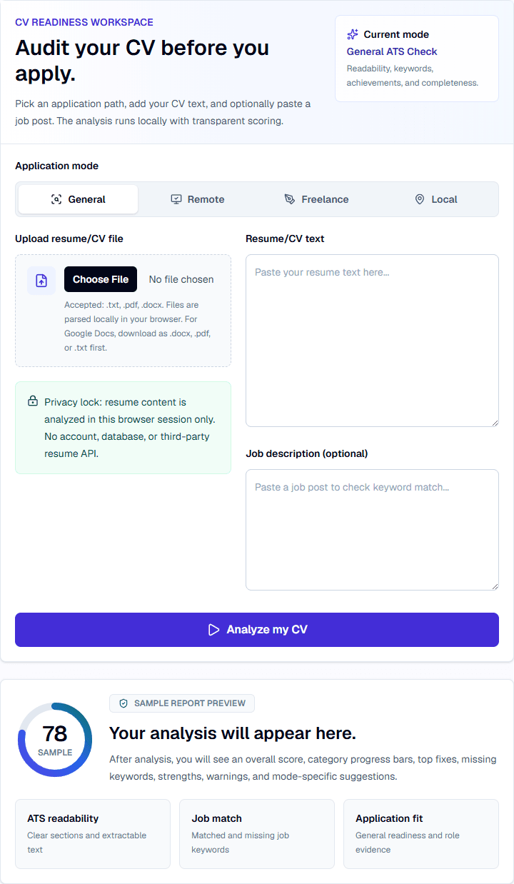 ApplyReadyCV General resume checker with private text inputs and analysis controls
