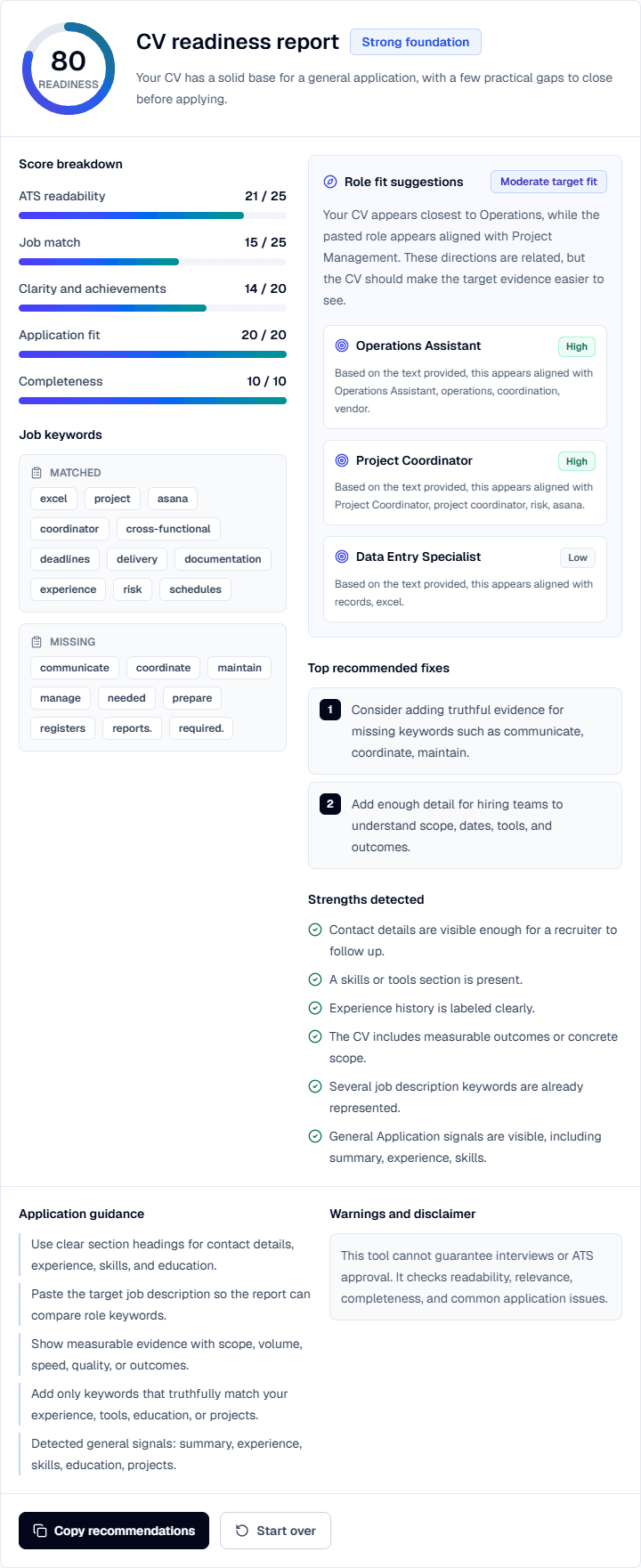 Fictional ApplyReadyCV General report showing an 80 readiness score and category breakdown