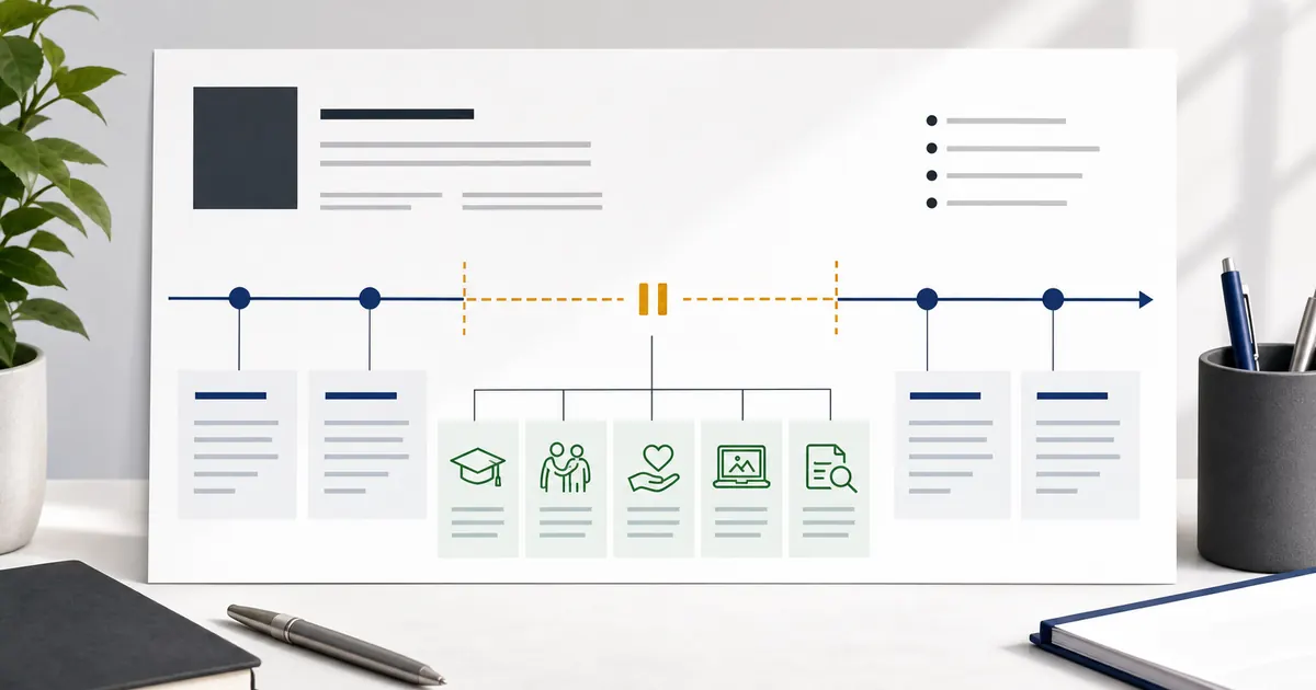 Resume timeline with a pause and neutral evidence cards for training, care, projects, and review