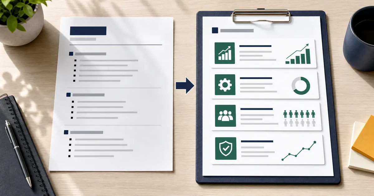 Resume page turning into evidence cards with charts and result icons